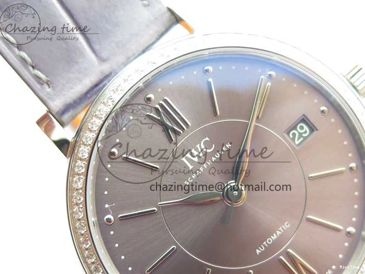MIROTIME 0510 Attractive Portofino 37mm SS V7F 1:1 Best Edition Gray Dial Diamonds Bezel on Gray Leather Strap A 7091